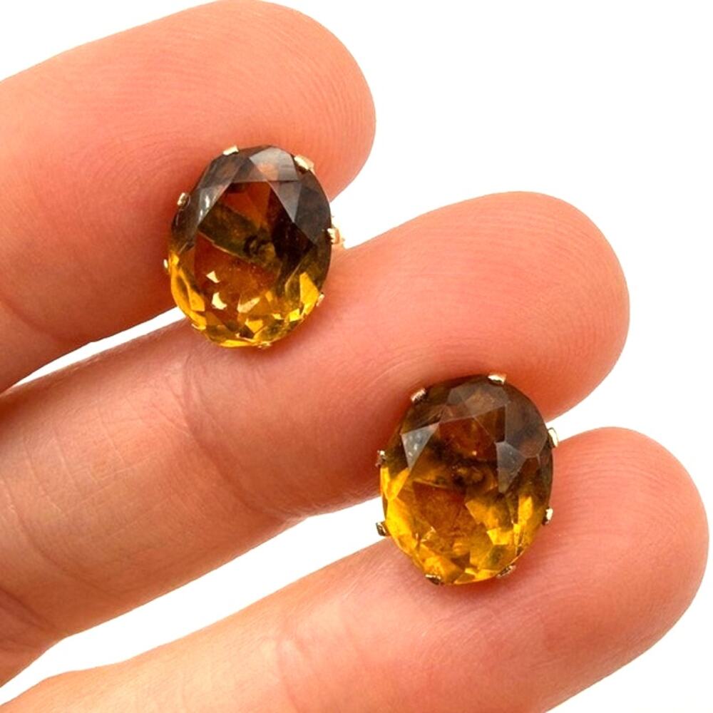 Vintage 14k Solid Gold Citrine Stud Earrings Oval Faceted Screw Back Pierced